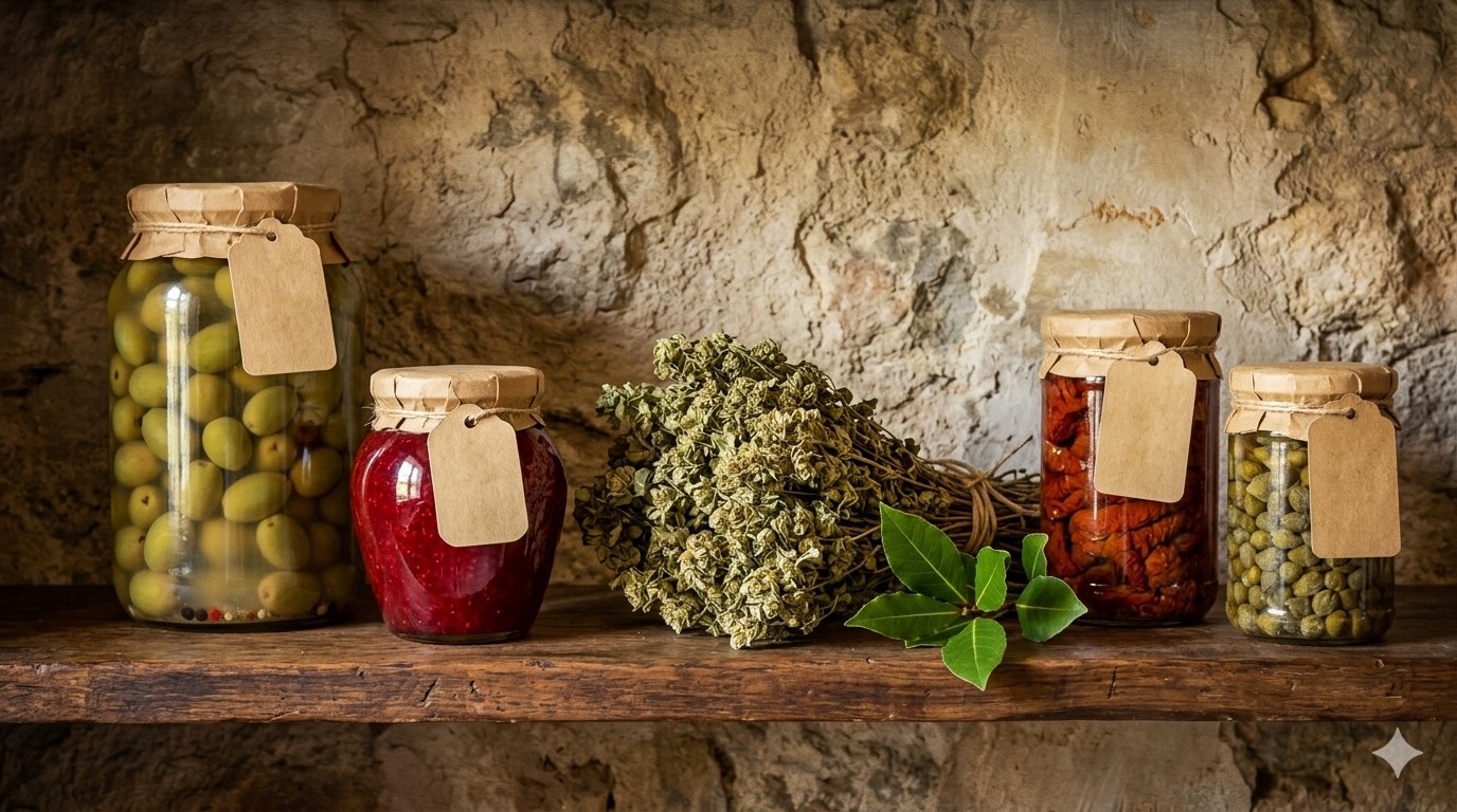 A pantry shelf with hand-labeled jars of olives, jam and dried herbs
