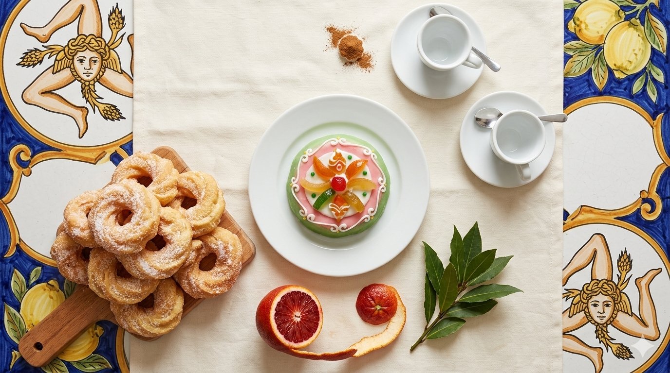 A Sicilian table of cassata, zeppole and blood oranges