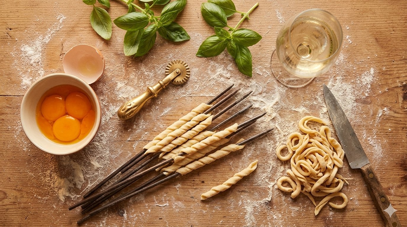 Hand-rolled busiate pasta on a flour-dusted wooden table