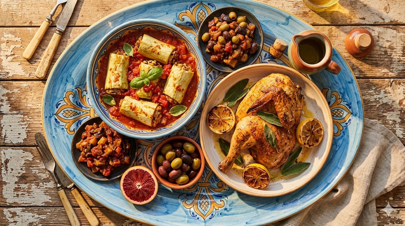 A blue Caltagirone platter with roast chicken, stuffed zucchini and olives