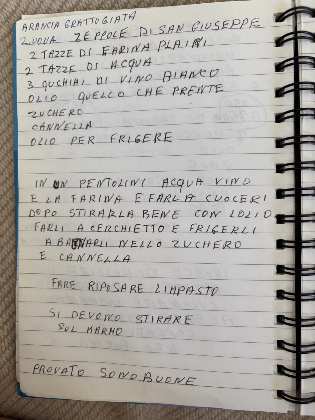 Zeppole di San Giuseppe handwritten recipe