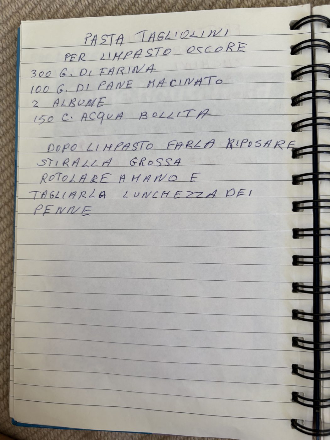 Pasta tagliolini handwritten recipe